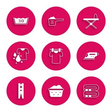 Set Drying clothes, Basin with soap suds, Towel stack, Electric iron, Clothes Stockillustratie