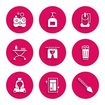 Set Drying clothes, Cleaning service for window, Handle broom, Full trash can Illustration