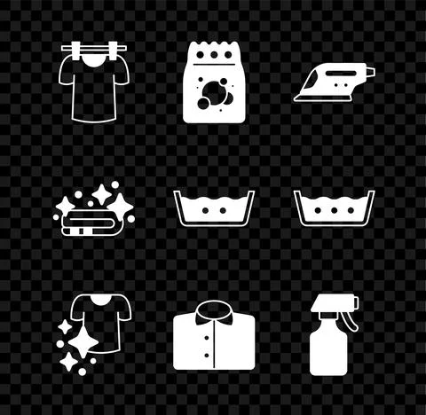 Set Drying clothes, Laundry detergent, Electric iron, T-shirt, Water spray Stock Illustration