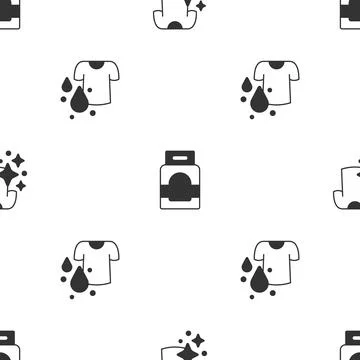 Set Drying clothes, Laundry detergent and Dirty t-shirt on seamless pattern Illustrazione stock