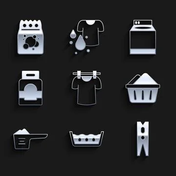 Set Drying clothes, Temperature wash, Clothes pin, Basin with soap suds, Wa.. Stock Illustration