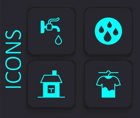 Set Drying clothes, Water tap, drop and House icon. Black square button. Vector 스톡 일러스트