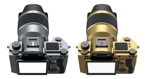 Set of DSLR cameras in different colors black, gold, and silver isolated on w Stock Illustration