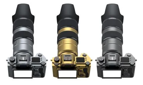 Set of DSLR cameras in different colors black, gold, and silver isolated on Stock Illustration
