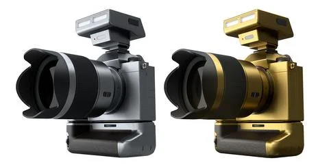 Set of DSLR cameras with large lens and flash units in black, silver, and gol Stock Illustration