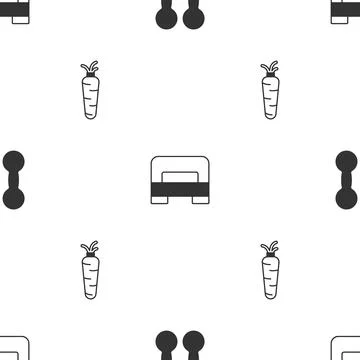 Set Dumbbell, Big bed and Carrot on seamless pattern. Vector Stock Illustration