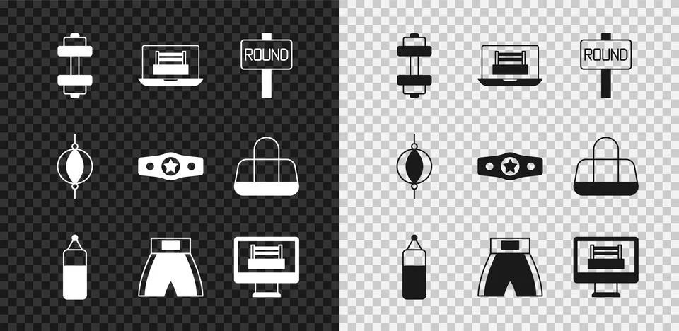 Set Dumbbell, Boxing ring, board, Punching bag, short,  and belt icon. Vector Stock Illustration
