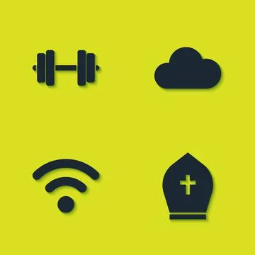 Set Dumbbell, Pope hat, Wi-Fi wireless network and Cloud icon. Vector Stockillustratie