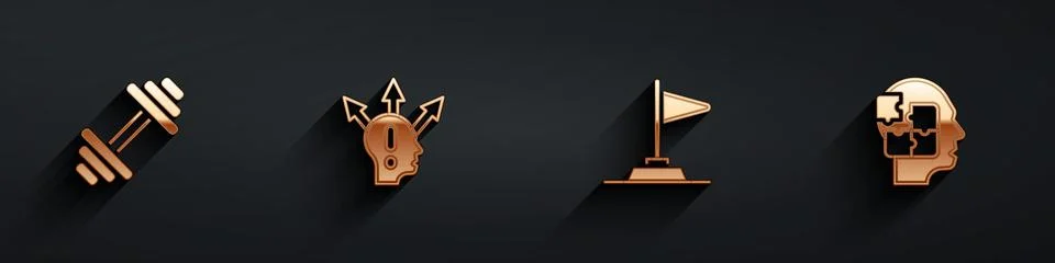 Set Dumbbell, Project team base, Flag and Head puzzles strategy icon with l.. Stock Illustration