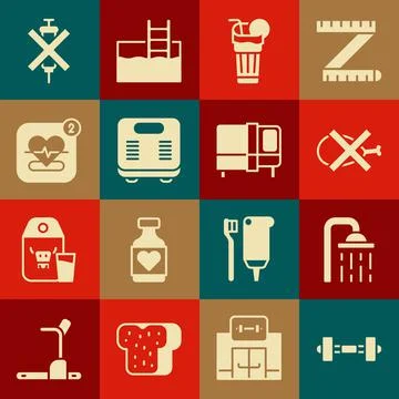 Set Dumbbell, Shower head, No meat, Fresh smoothie, Bathroom scales, Mobile with Stock Illustration