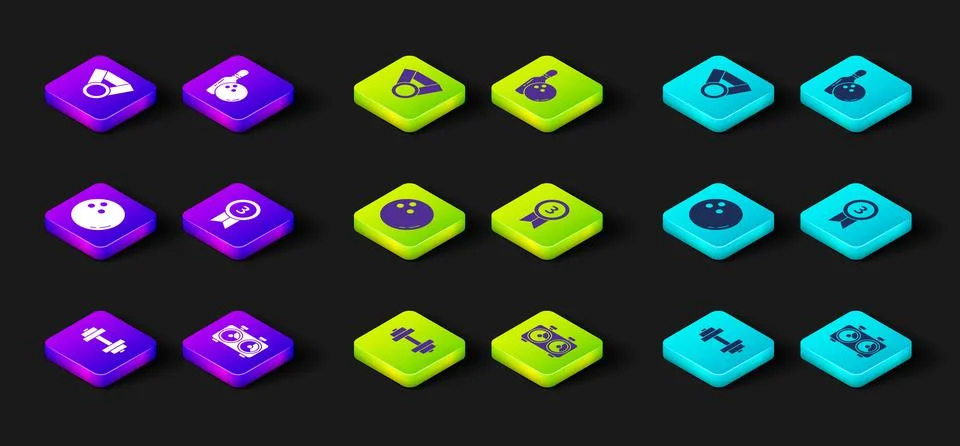 Set Dumbbell, Time chess clock, Bowling ball, Medal, pin and and icon. Vector Illustrazione stock