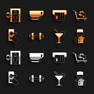 Set Dumbbell, Trolley suitcase, Concierge, Cocktail, Digital door lock, Credit Ilustración de archivo