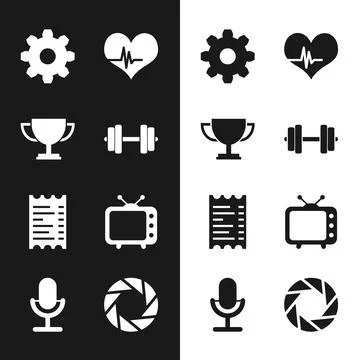 Set Dumbbell, Trophy cup, Cogwheel gear settings, Heart rate, Paper or fina.. Stock Illustration