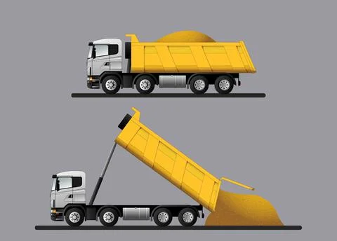A set of dump trucks with transported cargo and unloading. Stock Illustration