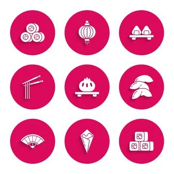 Set Dumpling on cutting board, Temaki roll, Sushi, Chinese fortune cookie, .. Stock Illustration