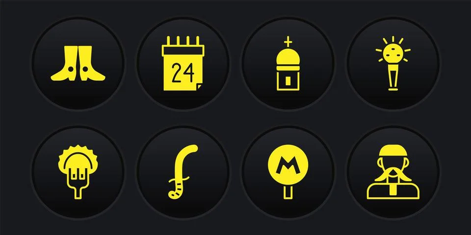 Set Dumplings on fork, Mace, Medieval sword, Metro Underground, Church tower Stock Illustration