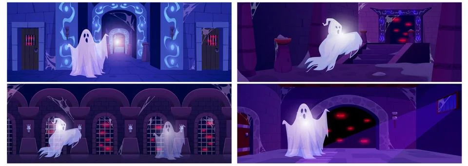 Set of dungeons with ghosts, evil spirits, cobwebs. Stock Illustration