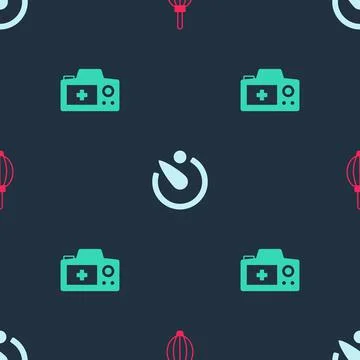 Set Dust blower, Camera timer and Photo camera on seamless pattern. Vector イラスト素材
