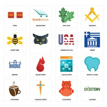 Set of dustbin, cute bear, cafeteria, calculator, bridge, american flag, hone Free Stock Illustration