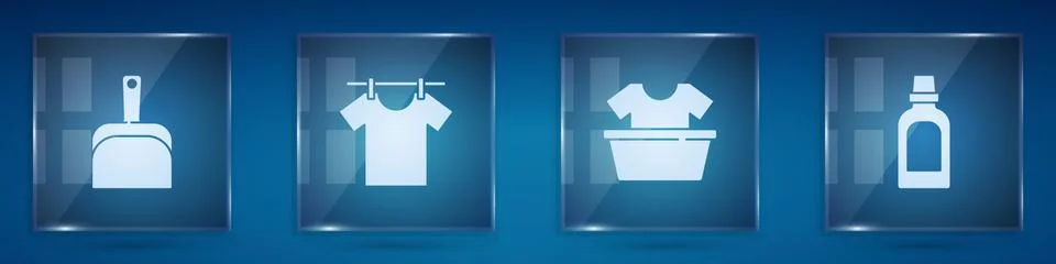 Set Dustpan, Drying clothes, Basin with shirt and Bottle for cleaning agent Stock Illustration
