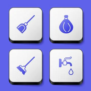 Set Dustpan, Garbage bag, Mop and Water tap icon. White square button. Vector Stock Illustration