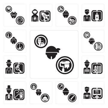 Set of Dyer, Programmer, Carpenter, Concierge, Magician, Firefighter, Detecti Grats Stockgrafik