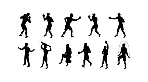 Set of dynamic boxer silhouette vectors in various boxing stances for fitness Stock Illustration