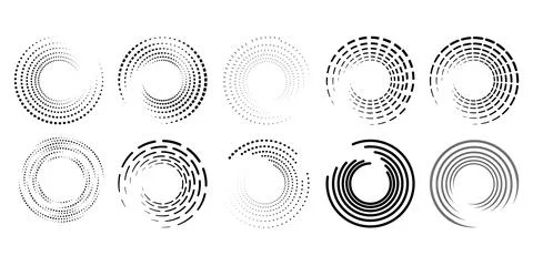 Set of dynamic circular patterns in various styles showcasing abstract desi.. Ilustración de archivo