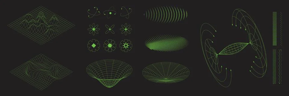 Set of dynamic green geometric wireframe structures, force field diagrams, and Stock Illustration
