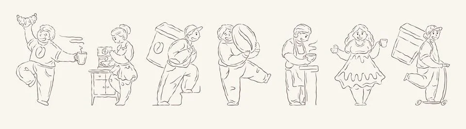 A set of dynamic plus-size characters related to coffee culture. Includes a d 스톡 일러스트