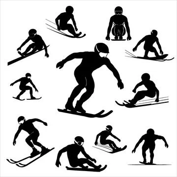Set of Dynamic Skier Silhouettes Racing and Performing Slalom Moves Stock Illustration