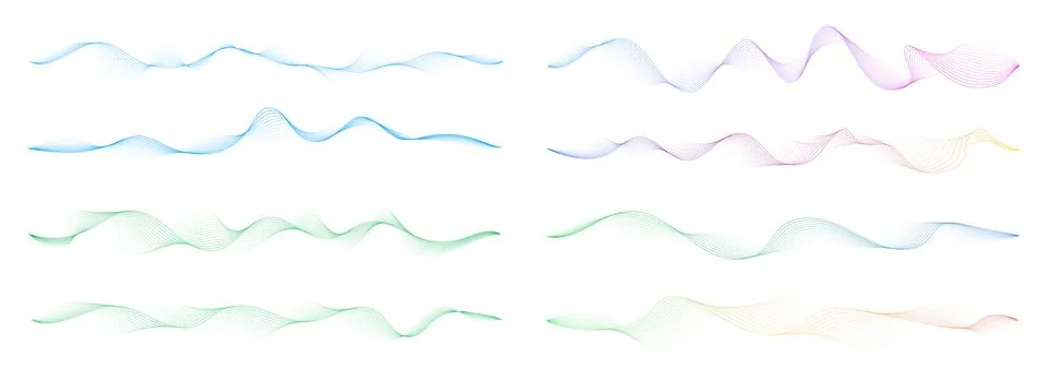 Set of dynamic smooth waves on a white background. Sound energy flow concept. Stock Illustration