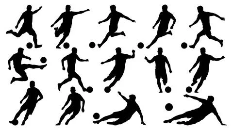 Set of dynamic soccer player silhouettes in various athletic action poses Stock Illustration