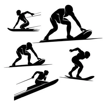 Set of Dynamic Waterskiing Silhouettes in Action on Waves Stock Illustration
