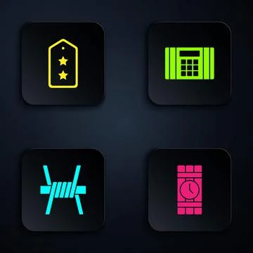 Set Dynamite and timer clock, Military rank, Barbed wire and bomb. Black square Stock Illustration