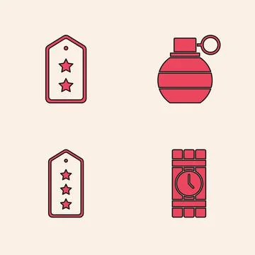 Set Dynamite and timer clock, Military rank, Hand grenade and icon. Vector Stock Illustration