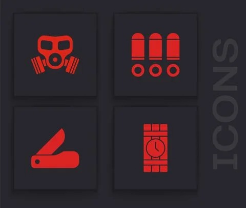 Set Dynamite and timer clock, Gas mask, Bullet and Swiss army knife icon. Vector Stockillustratie