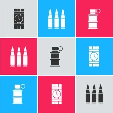 Set Dynamite and timer clock, Bullet and Hand smoke grenade icon. Vector Stock Illustration