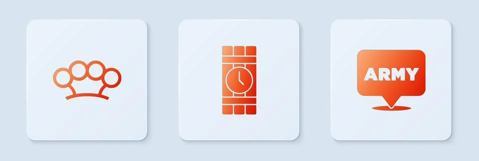 Set Dynamite and timer clock, Brass knuckles and Military army. White square Stock Illustration