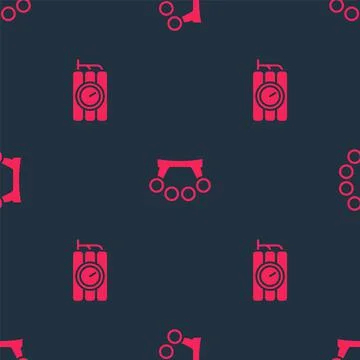Set Dynamite and timer clock and Brass knuckles on seamless pattern. Vector Illustrazione stock