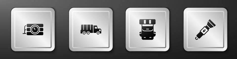 Set Dynamite and timer clock, Military truck, Hiking backpack and Flashlight Stock Illustration
