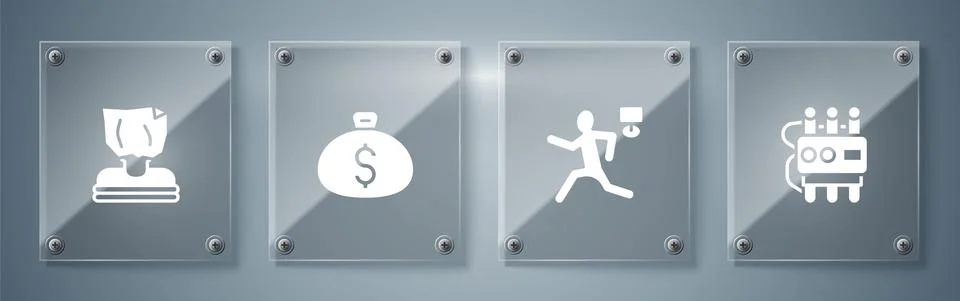Set Dynamite and timer clock, Murder, Money bag and Kidnaping. Square glass 스톡 일러스트