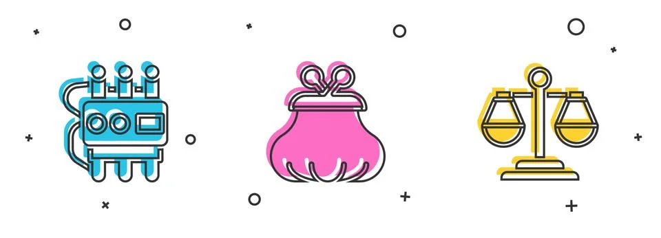 Set Dynamite and timer clock, Wallet and Scales of justice icon. Vector Stock Illustration