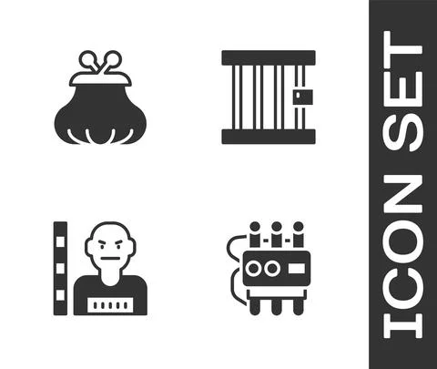 Set Dynamite and timer clock, Wallet, Suspect criminal and Prison window icon Stock Illustration