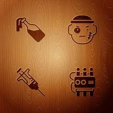 Set Dynamite and timer clock, Cocktail molotov, Syringe and Bandit on wooden 스톡 일러스트