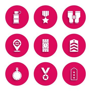 Set Dynamite and timer clock, Military reward medal, rank, Chevron, Canteen 스톡 일러스트