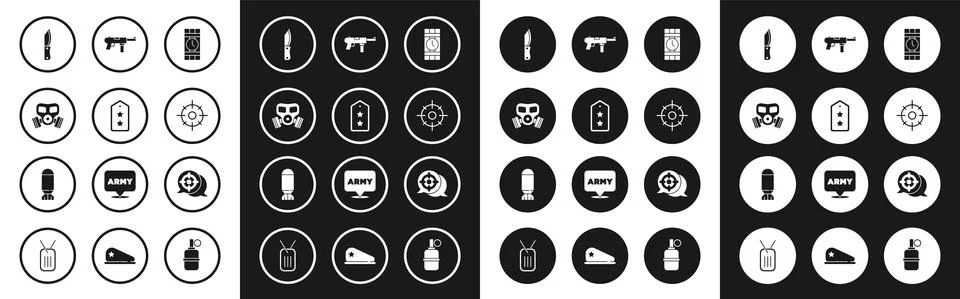 Set Dynamite and timer clock, Military rank, Gas mask, knife, Target sport Illustrazione stock