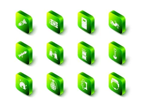 Set Dynamite and timer clock, Military assault shield, jeep, Sapper shovel Stock Illustration