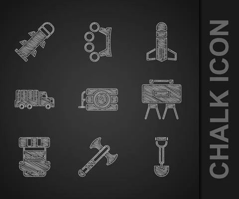 Set Dynamite and timer clock, War axe, Sapper shovel, Military mine, Hiking Stockillustratie