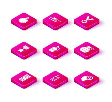 Set Dynamite and timer clock, Walkie talkie, Military reward medal, Hand grenade Stock Illustration